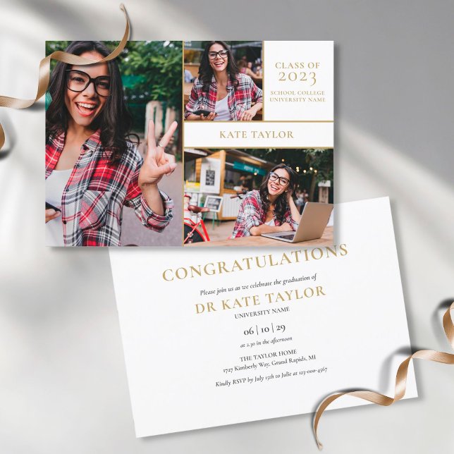 3 Photo Collage Modern Gold Graduation Party Invitation (Creator Uploaded)