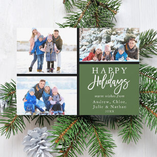 3 Photo Collage Modern Happy Holidays Green Holiday Card