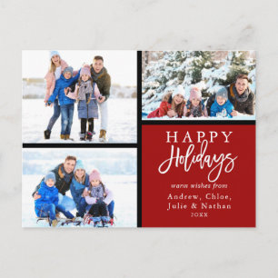 3 Photo Collage Modern Happy Holidays Red Holiday Postcard