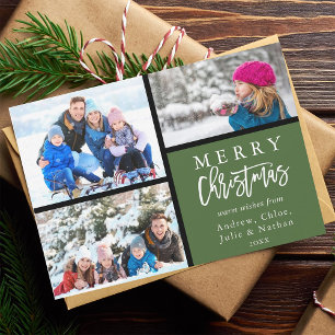 3 Photo Collage Modern Merry Christmas Green Holiday Card