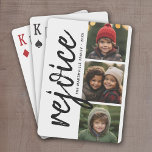 3 Photo Collage - Modern Merry Christmas Rejoice Playing Cards<br><div class="desc">Use three pictures and make a unique and trendy Merry Christmas greeting with a black and white theme. If you need to move anything around,  click on the customise button to make changes.</div>