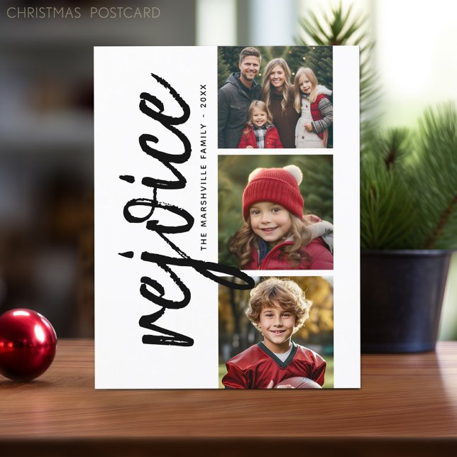 3 Photo Collage - Modern Merry Christmas Rejoice Postcard (Online Christmas Card Template. Modern design with place to add photos and text.)