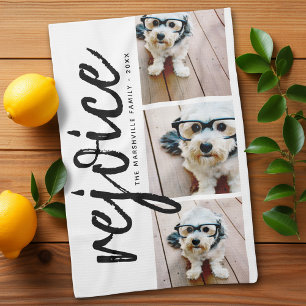 3 Photo Collage - Modern Merry Christmas Rejoice Tea Towel