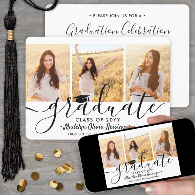 3 Photo Collage Modern Script Graduation Party Invitation (Creator Uploaded)