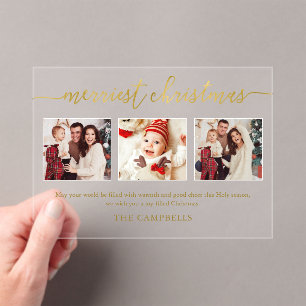 3 Photo Collage Modern Script "Merriest Christmas" Acrylic Invitations