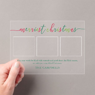 3 Photo Collage Modern Script "Merriest Christmas" Acrylic Invitations