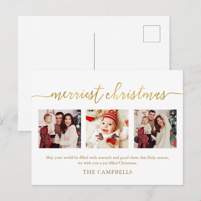 3 Photo Collage Modern Script "Merriest Christmas" Holiday Postcard (Front/Back)