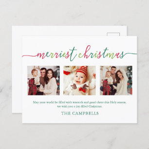 3 Photo Collage Modern Script "Merriest Christmas Holiday Postcard