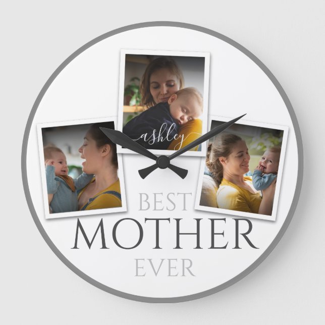 3 Photo Collage Mum Family Memorable Mother's Day Large Clock (Front)