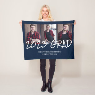 3 Photo Collage Navy 2023 Graduation Fleece Blanket