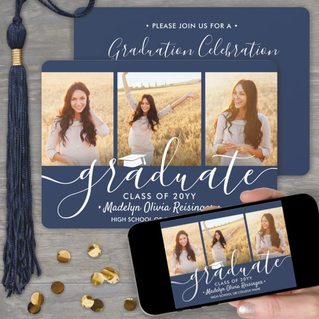3 Photo Collage Navy Blue & White Graduation Party Invitation (Creator Uploaded)