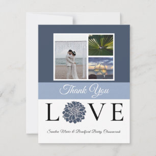 3 Photo collage Navy Dusty Blue Flower Wedding Thank You Card