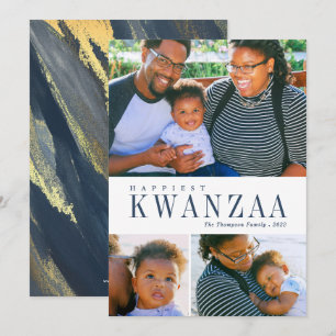 3 Photo Collage Painted Gold Navy Kwanzaa Photo Holiday Card
