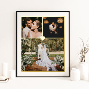 3 Photo Collage Personalised Gold Heart Foil Print