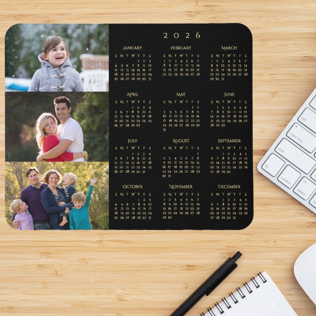 3 Photo Collage Personalized Family 2026 Calendar Mouse Pad (3 Photo Collage Personalized Family 2026 Calendar Mouse Pad)