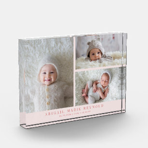 3 Photo Collage Pink New Baby Keepsake Block