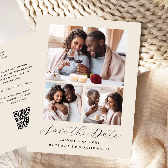 3-Photo Collage QR Code Beige Save the Date Postcard (Creator Uploaded)