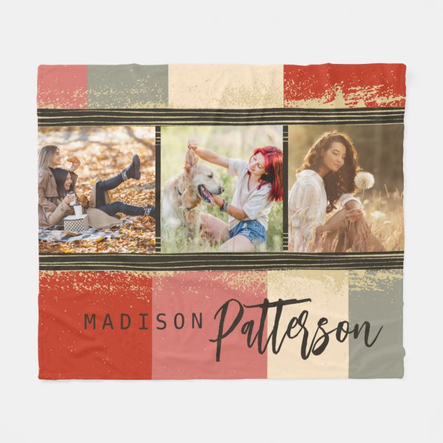 3 Photo Collage Rustic Abstract Personalised Name Fleece Blanket (Front (Horizontal))