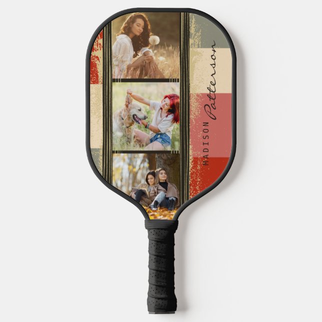 3 Photo Collage Rustic Abstract Personalised Name Pickleball Paddle (Front)