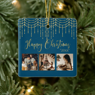 3 Photo Collage Rustic Garland Lights Ceramic Cera Ornament