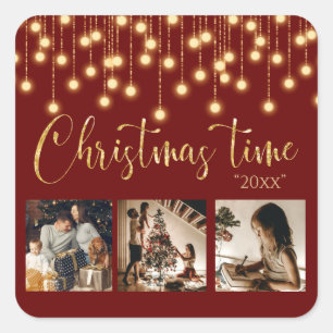3 Photo Collage Rustic String Lights Christmas Square Sticker