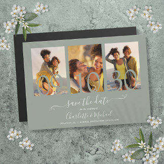 3 Photo Collage Sage Green Wedding Save The Date Magnetic Invitation