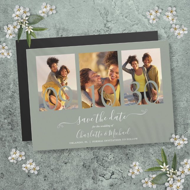 3 Photo Collage Sage Green Wedding Save The Date Magnetic Invitation (3 Photo Collage Sage Green Wedding Save The Date Magnetic Invitation)