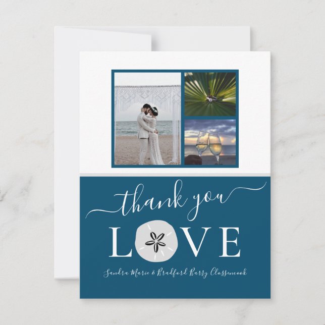3 Photo collage  Sanddollar  Blue Wedding Thank Yo Thank You Card (Front)