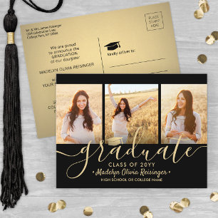 3 Photo Collage Script Black and Gold Graduation Announcement Postcard