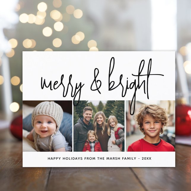 3 Photo Collage Script black white Merry Bright Holiday Card (3 Photo modern calligraphy design)