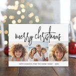 3 Photo Collage Script black white Merry Christmas Holiday Card<br><div class="desc">A merry and bright holiday greeting with a rustic script calligraphy font. A mid-century modern feel with a geometric pattern on the back. This non-traditional design is a fresh approach that will make your family photos stand out.</div>