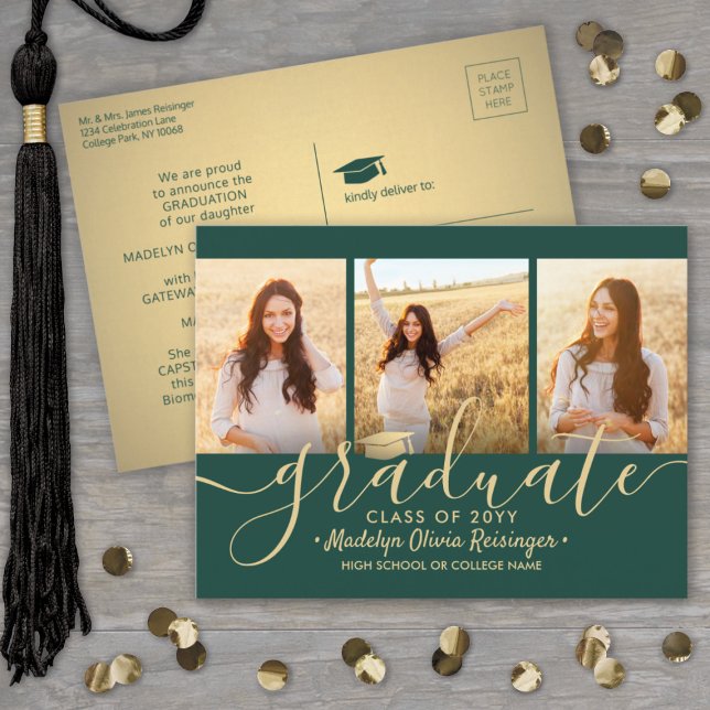 3 Photo Collage Script Green and Gold Graduation Announcement Postcard (Creator Uploaded)