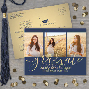 3 Photo Collage Script Navy Blue & Gold Graduation Announcement Postcard