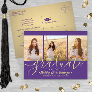 3 Photo Collage Script Purple and Gold Graduation Announcement Postcard
