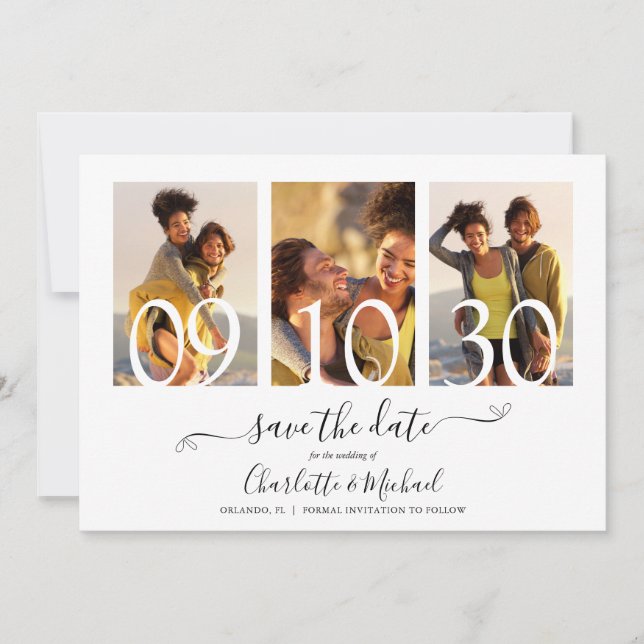 3 Photo Collage Signature Script Wedding Save The Date (Front)