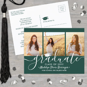 3 Photo Collage Simple Dark Green White Graduation Announcement Postcard