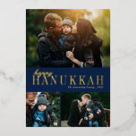 3 Photo Collage Simple Modern Hanukkah  Foil Holiday Card<br><div class="desc">This beautiful three photo collage Hanukkah card features simple, elegant text in real foil (available in gold, rose gold, or silver) over a navy blue background. The back of the card contains a modern diagonal stripes design in navy blue over a white background (colour can be customised, if desired). For...</div>