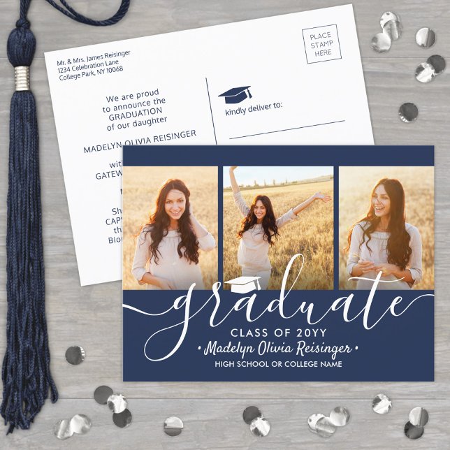 3 Photo Collage Simple Navy Blue White Graduation  Announcement Postcard (Creator Uploaded)