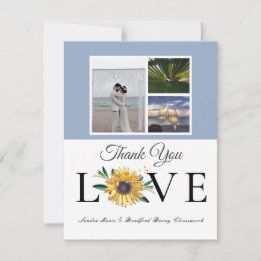 3 Photo collage Sunflower Dusty Blue Wedding Thank You Card