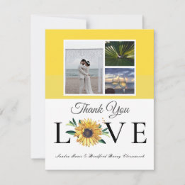 3 Photo collage Sunflower Grey Yellow Wedding Thank You Card