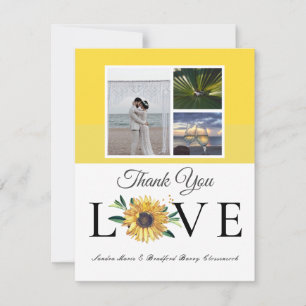 3 Photo collage  Sunflower Grey Yellow Wedding Thank You Card