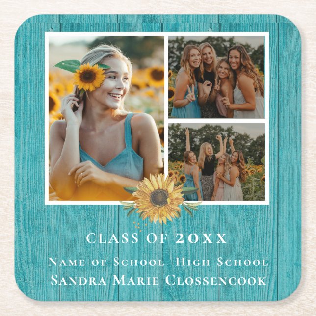 3 Photo collage Sunflower Yellow graduation Party  Square Paper Coaster (Front)