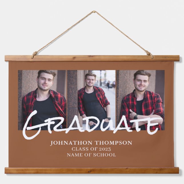3 Photo Collage Terracotta Graduation  Hanging Tapestry (Front)
