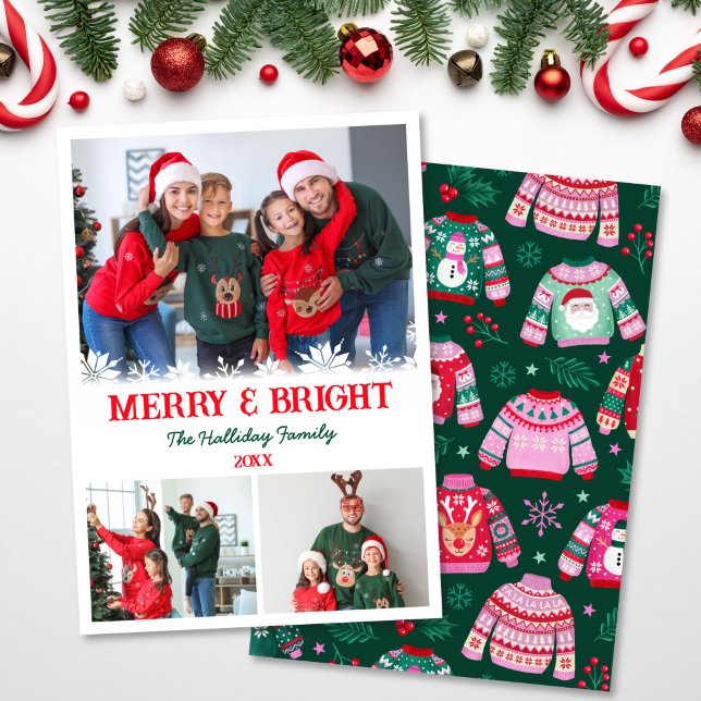 3 Photo Collage Ugly Sweater Christmas  Holiday Card (3 Photo Collage Ugly Sweater Christmas Holiday Card)