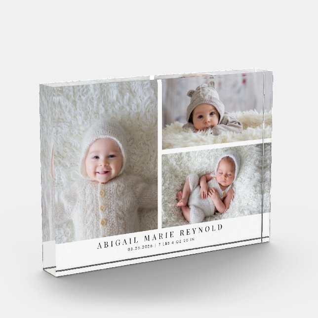 3 Photo Collage White New Baby Keepsake  (Left)