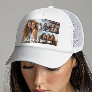 3 Photo Collage with 1 Line of Text Trucker Hat