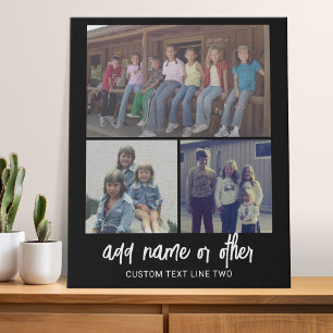 3 Photo Collage with Script Text - black white Faux Canvas Print