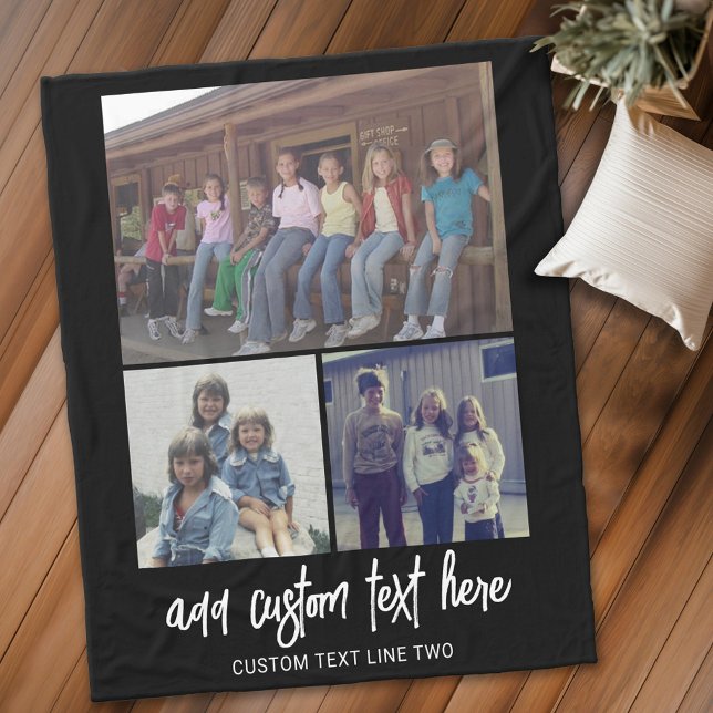 3 Photo Collage with Script Text - black white Fleece Blanket (Personalized fleece blanket with 6 photos and text)