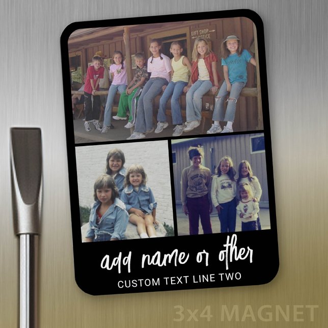 3 Photo Collage with Script Text - black white Magnet (Personalized refrigerator magnet with photo collage and custom text - add 3 photos to this design)