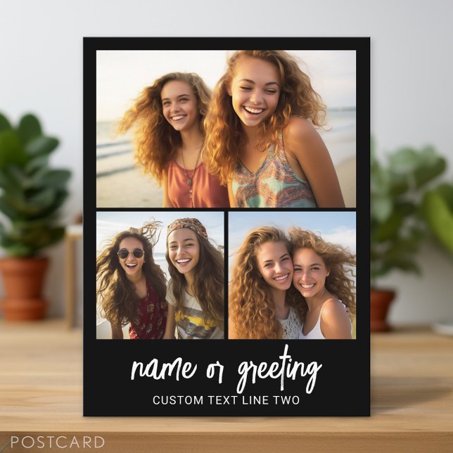 3 Photo Collage with Script Text - black white Postcard (Personalized Photo Postcard)